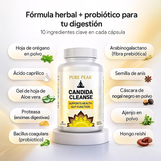 Ingredientes Candida Cleanse: Hoja de orégano en polvo, Ácido caprílico
Bacillus coagulans (probiótico), Proteasa (enzimas digestivas), Gel de hoja de Aloe vera, Arabinogalactano (fibra prebiótica), Semilla de anís, Cáscara de nogal negro en polvo, Ajenjo en polvo, Hongo reishi.