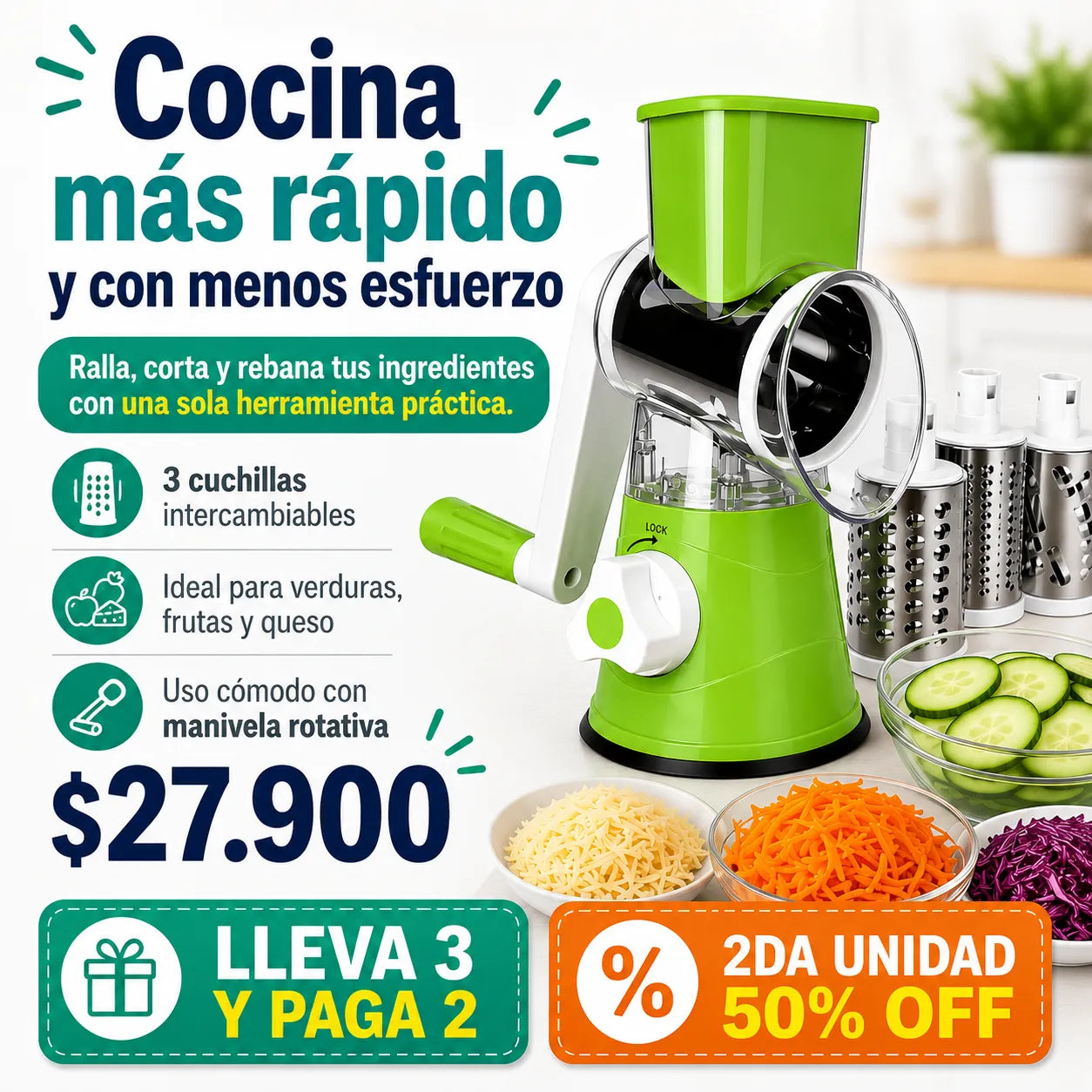 Rallador y cortador de verduras 3 en 1