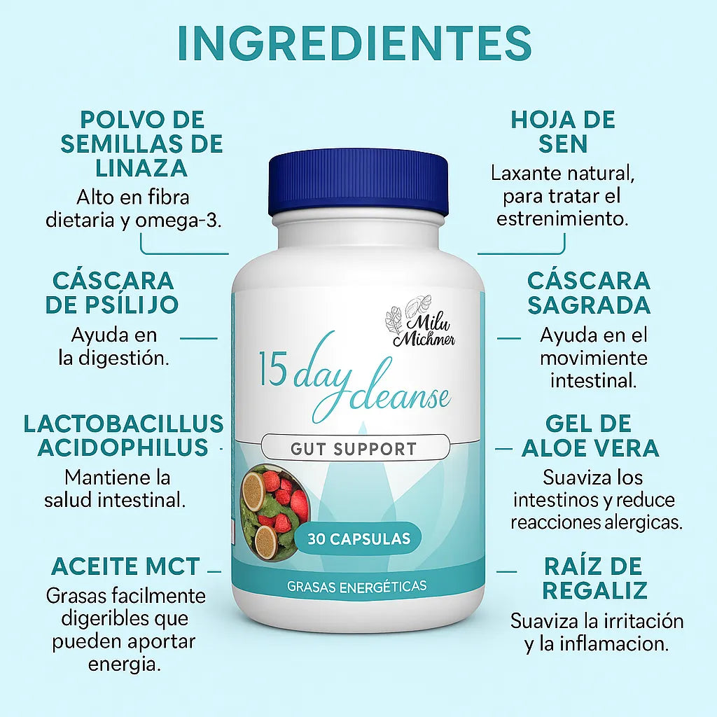 Ingredientes 15 days cleanse: Hoja de sen (senna leaf, 20% extract), Corteza de cáscara sagrada (cascara sagrada bark, 10% extract), Cáscara de psyllium en polvo (psyllium husk powder), Linaza en polvo (flaxseed powder), Gel de hoja de aloe vera (200:1 concentrate), Lactobacillus acidophilus (probiótico), Extracto de raíz de regaliz (licorice root extract).