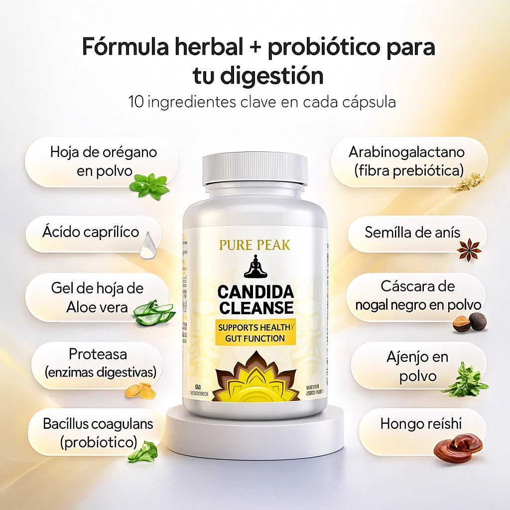 Ingredientes Candida Cleanse: Hoja de orégano en polvo, Ácido caprílico
Bacillus coagulans (probiótico), Proteasa (enzimas digestivas), Gel de hoja de Aloe vera, Arabinogalactano (fibra prebiótica), Semilla de anís, Cáscara de nogal negro en polvo, Ajenjo en polvo, Hongo reishi.
